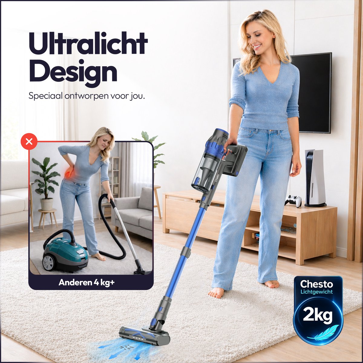 Chesto T1 Steelstofzuiger Draadloos 400W – 35.000 Pa – Ultralicht – LED-zuigmond – 3 Opzetstukken — afbeelding 5