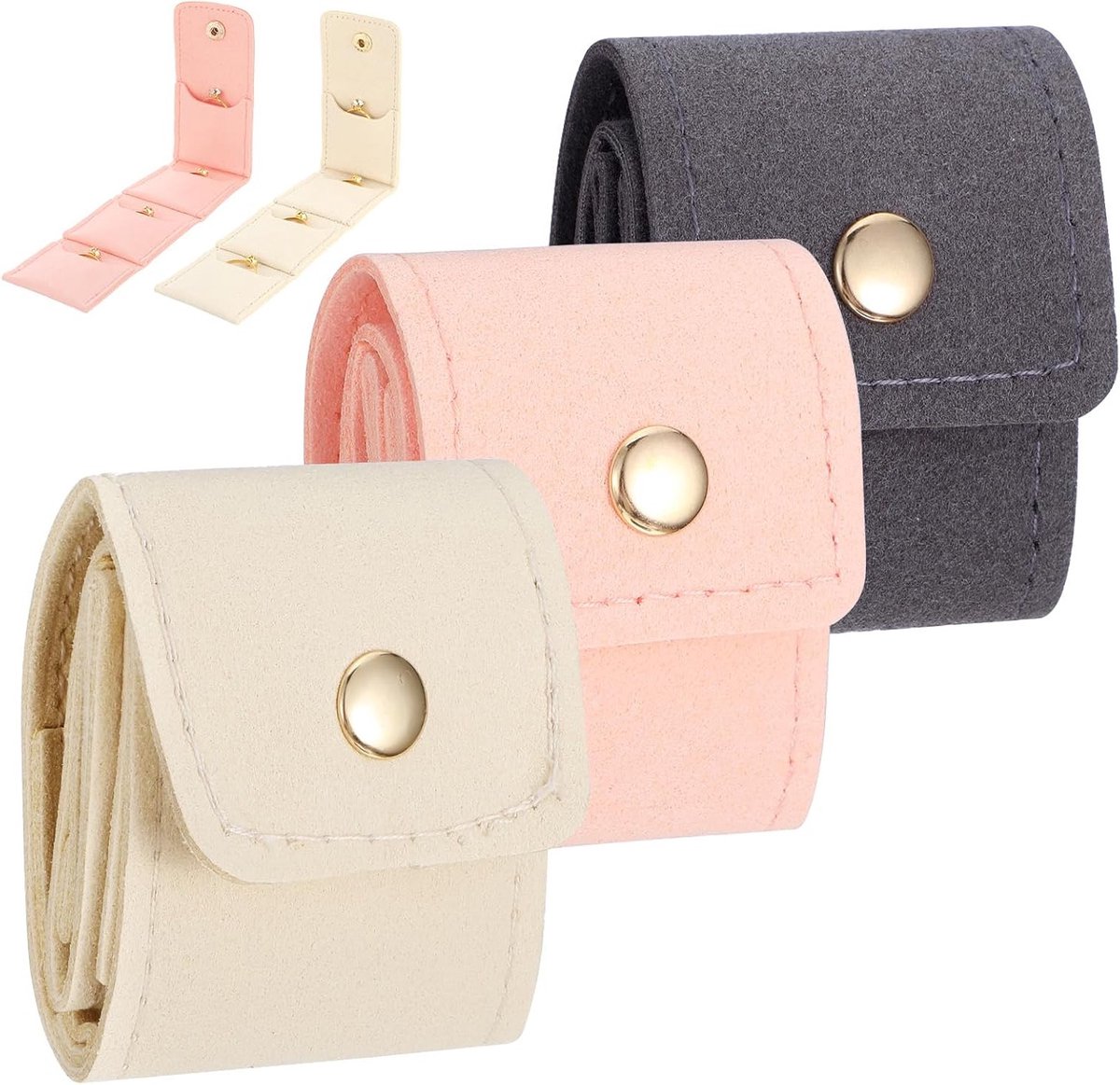 Set van 3 Vouwbare Reisjuwelen Tassen, Microfiber Organiser voor Oorbellen, Ringen en Kettingen, Compacte Opbergtas 24 x 4 cm (Beige, Grijs, Roze)