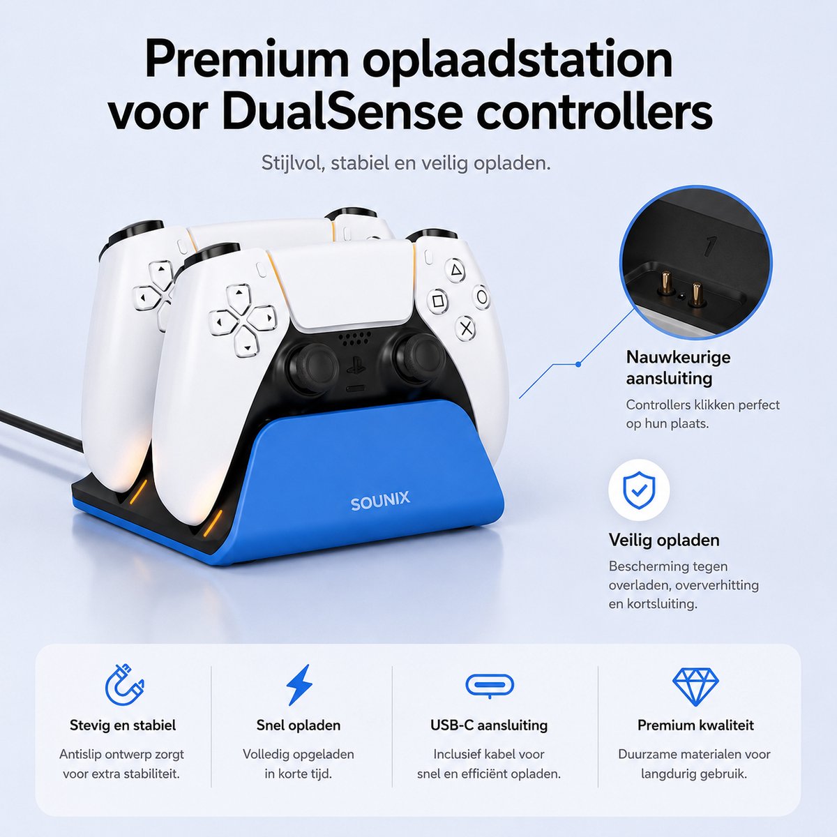 Sounix Oplaadstation geschikt voor PS5 / PS5 Slim / PS5 PRO / DualSense Controller - PS5 accessoires - Dual Oplader - Charging Dock - Blauw – foto 5