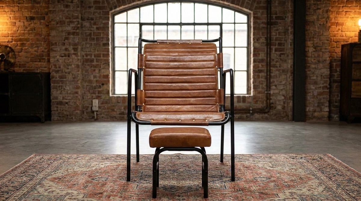 Fauteuil met Voetensteun – Industrohome Luxe Echt Leren Relaxstoel Bruin – Design Lounge Stoel met IJzeren Frame & Geïntegreerde Voetsteun – Compacte Woonkamer Fauteuil / Leesstoel