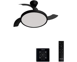 CREATE - Plafondventilator 40W stil met intrekbare bladen met licht - Ø91cm - Zwart - Controller voor wandmontage + afstandsbediening - WIND CLEAR STUDIO