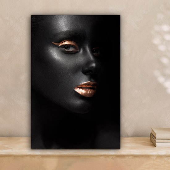 Peintures sur toile - Profil d'une femme maquillée dorée sur fond noir - 20x30 cm - Décoration murale