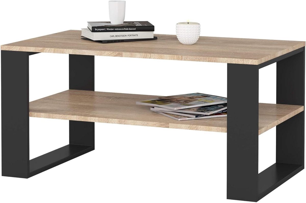 Houten Salontafel - Bijzettafel Plank - Woonkamer Inrichten - Industriële Look - 92 x 45 cm - Eiken Zwart