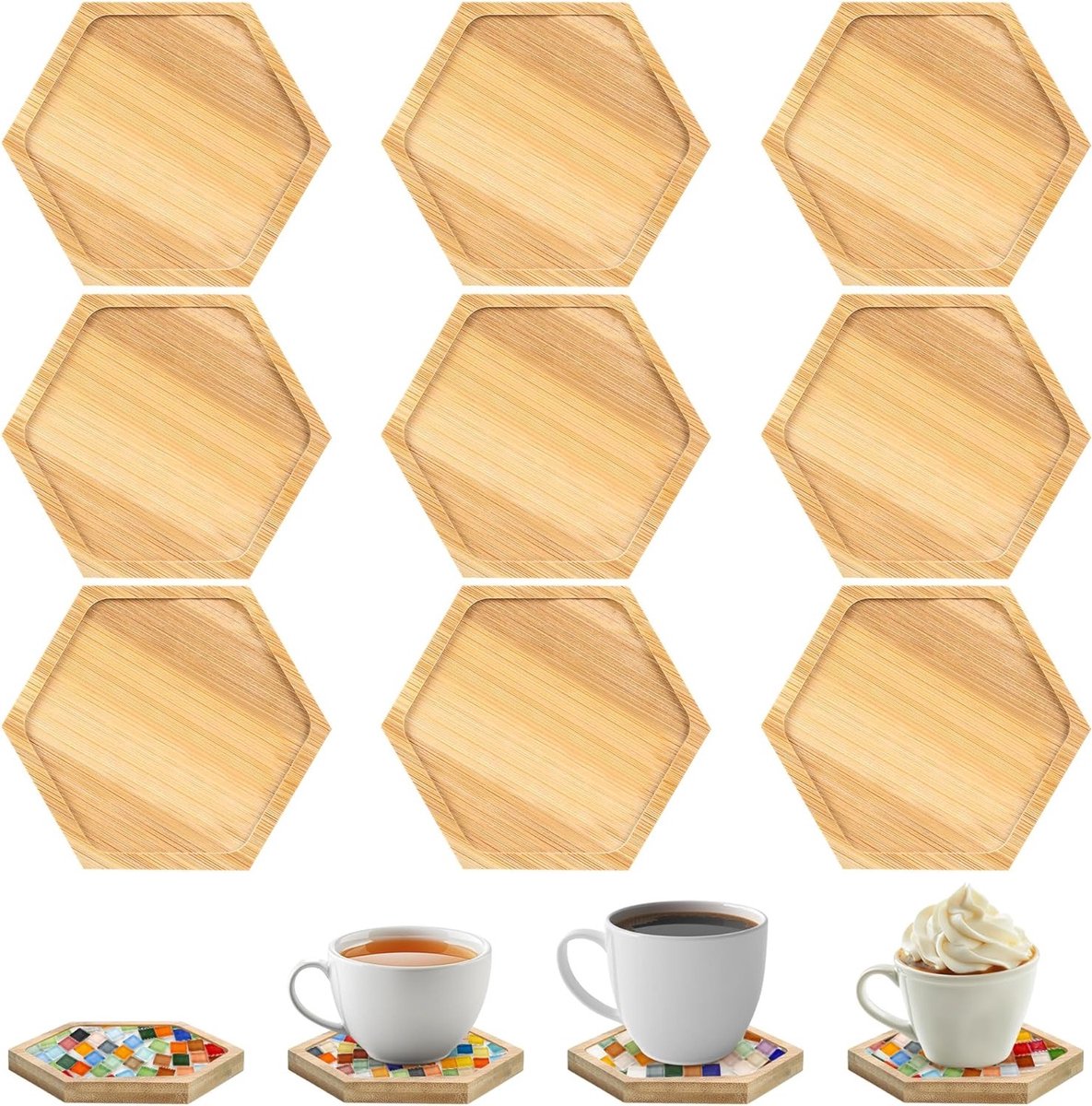 Set van 9 Hexagonale Bamboe Onderzetters van 10 cm voor Koffie, Thee en Kaarsen - Duurzaam en Stijlvol voor Woonkamer Decoratie en Creatieve DIY Projecten