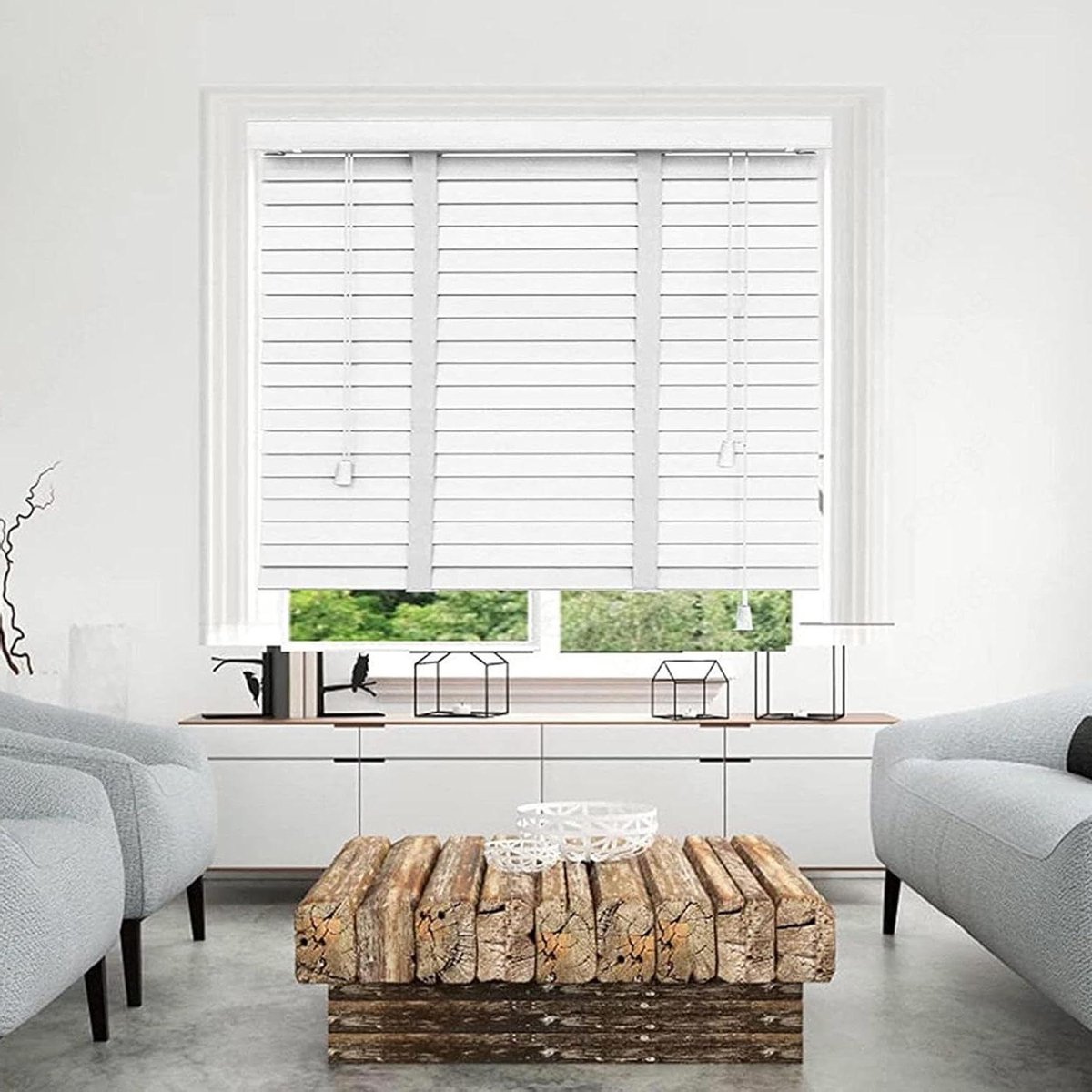 Houten Jaloezieën - Houten Luxaflex Raambekleding - Privacy en Zonwering - Massief Hout 50mm Lamellen - 50x160cm - Wit