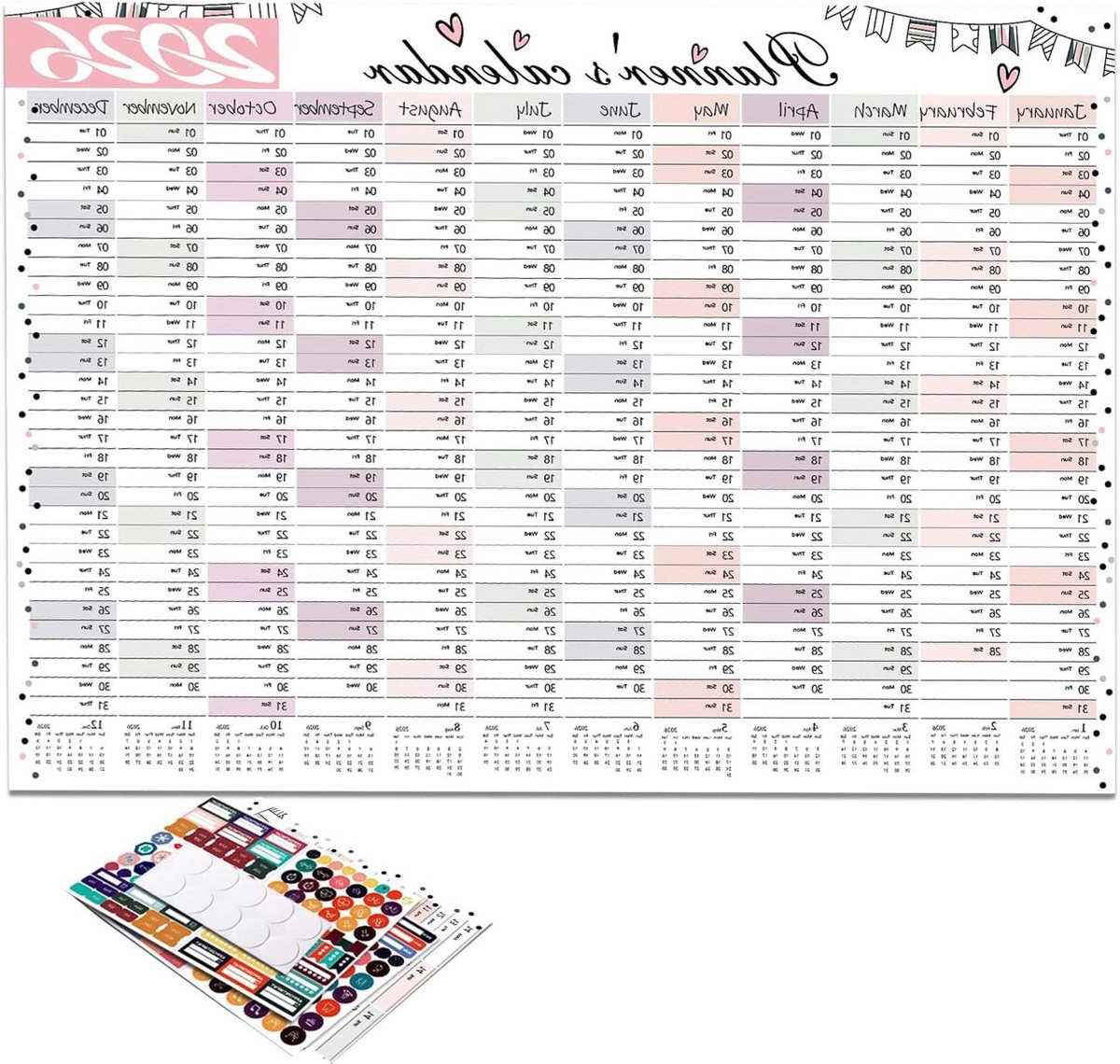 Maandkalender 2026, papieren planner, verticale wandkalender januari-december, wandkalende