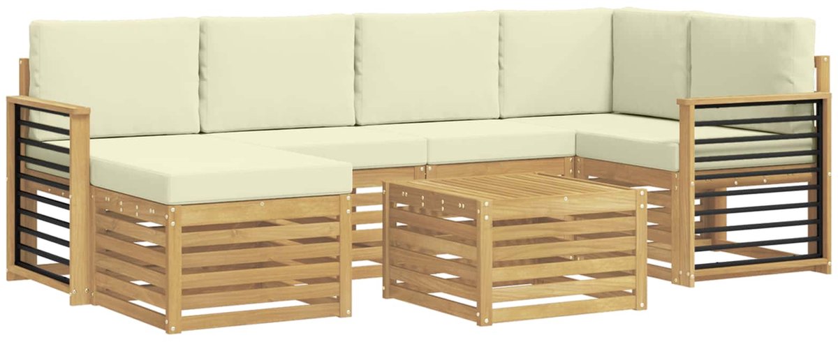 vidaXL Buiten - bank - set - 7 - st - 5-zits - Wit - en - crèmekleurig - Polyester Wit en crèmekleurig