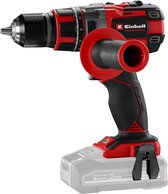 Perceuse Einhell avec poignée supplémentaire, couleurs rouge et noir, batterie grise.