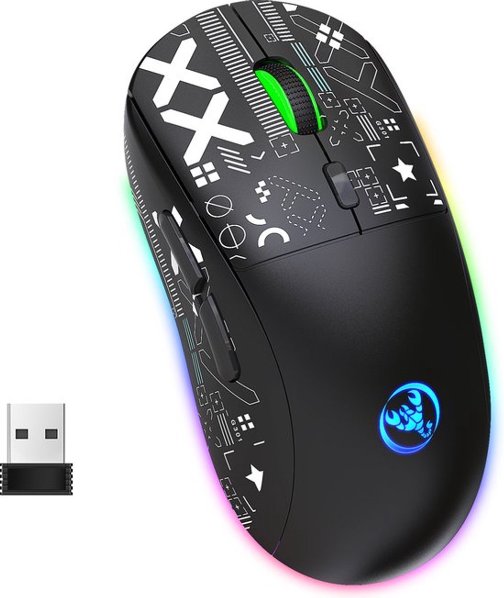 HXSJ T90 2.4G Stille Draadloze Gaming Muis - Bluetooth - Ultra licht - RGB Verlichting - Zwart