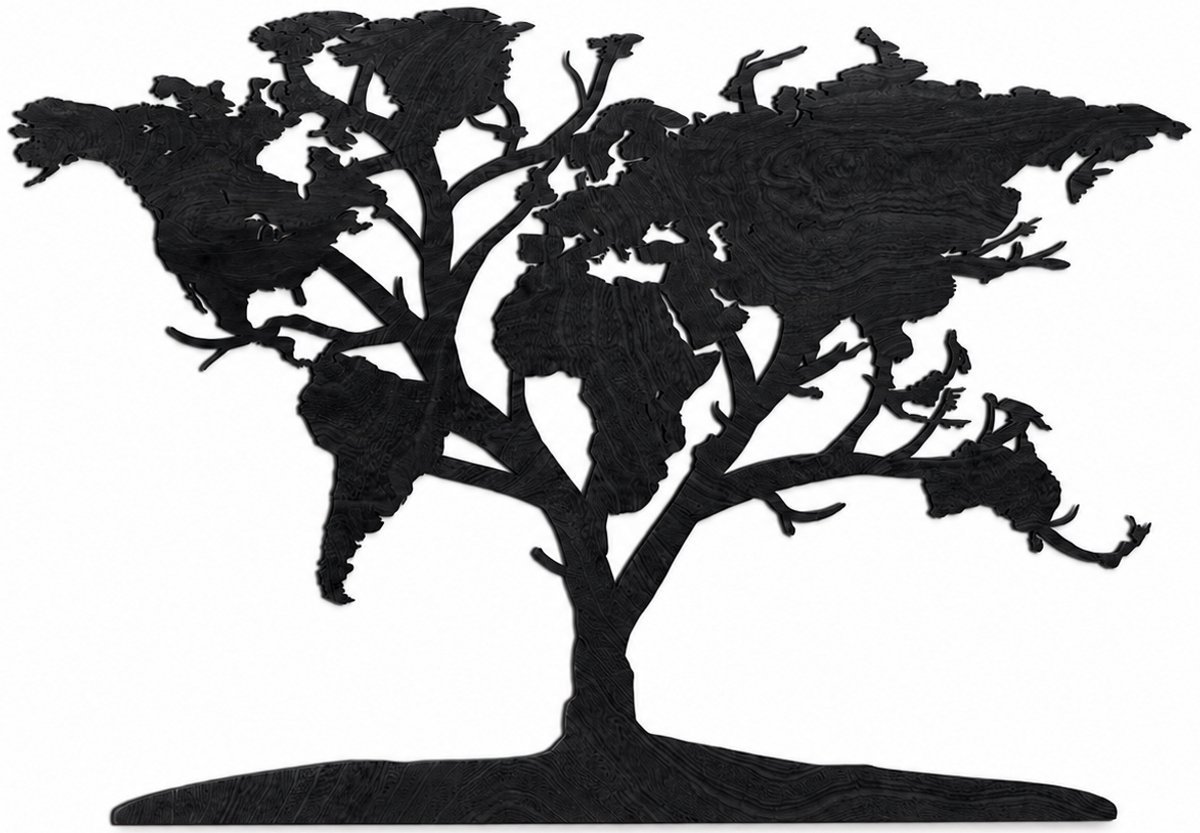 Houten wanddecoratie - Wooden wall decoration | Wereldkaart boom 96 x 140cm World map tree | Zwart - Black | Muurdecoratie - Wall art - Atlas - Echt Hout - Real Wood - Aarde - Continenten - Reizen - Natuur