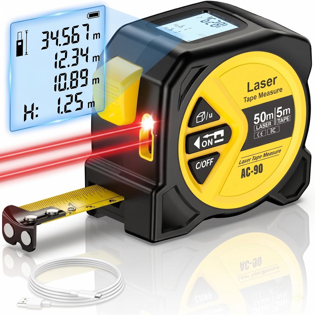 Fokelyi - 2 in 1 Afstandsmeter - 50M - Multifunctionele Digitale Laser - Meetlint met Laser - 5 Meter Meetlint - Inclusief Display - Slimme rolmaat