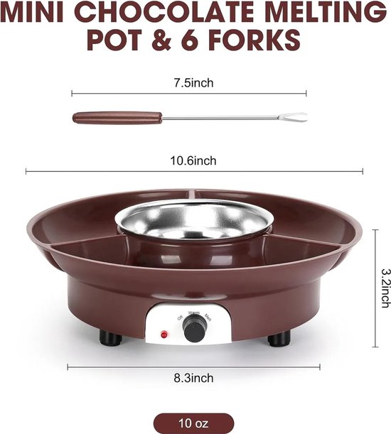 Mini elektrische chocoladesmeltpan set met 2 vorkjes, chocoladesmeltpan, melkchocoladeverwarmer, kaas, boter en snoep. — afbeelding 2