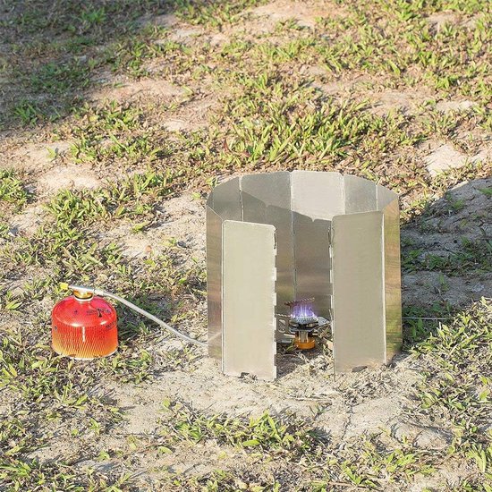 Set van 10 stuks - Windscherm voor kooktoestel - Draagbaar windscherm voor kooktoestel - Opvouwbaar windscherm van aluminiumlegering voor kamperen - Inclusief opbergtas - Geschikt voor buitengebruik - Totale lengte 24*83 cm - Zilver — afbeelding 3