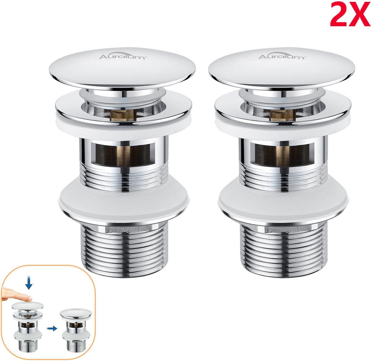Auralum Max - 2 stuks - universele afvoerset - met overloop - pop-up ventiel - messing afvoerventiel - met Filtermand - Ø 66mm - Chroom