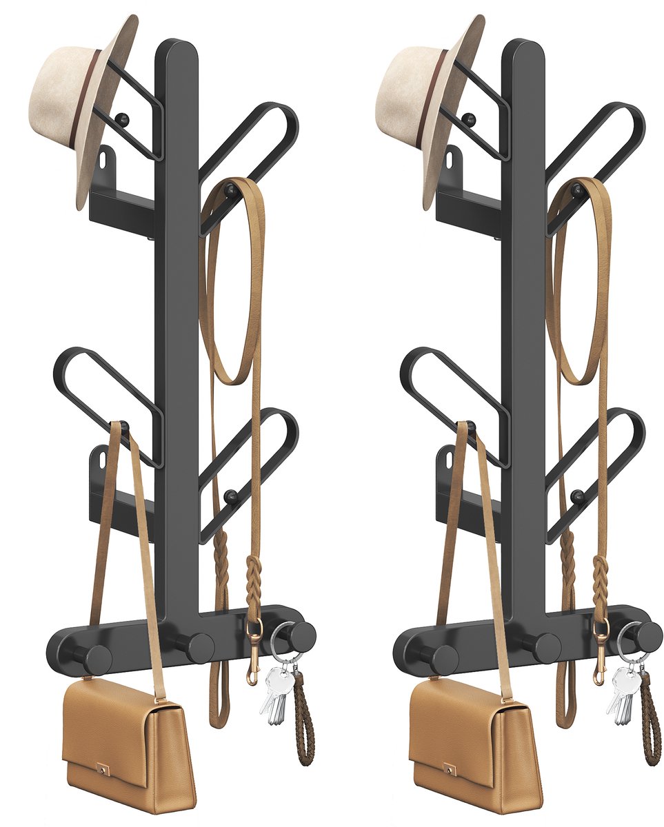 SONGMICS HOME - Kapstok - Wandkapstok Set van 2 - Elk met 7 Haken - Boomvormig Design voor Kleding en Tassen