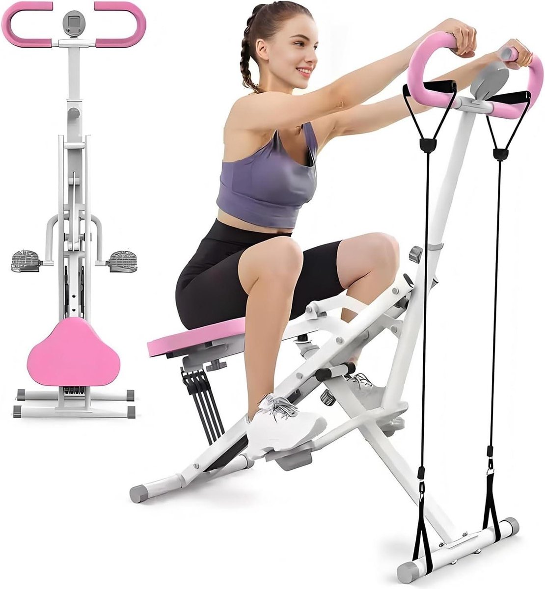 2-in-1 squat roeitrainer voor thuissportschool, verstelbare weerstandsbanden, opvouwbare kern oefenmachine voor arm-, bil- en beencardiotraining