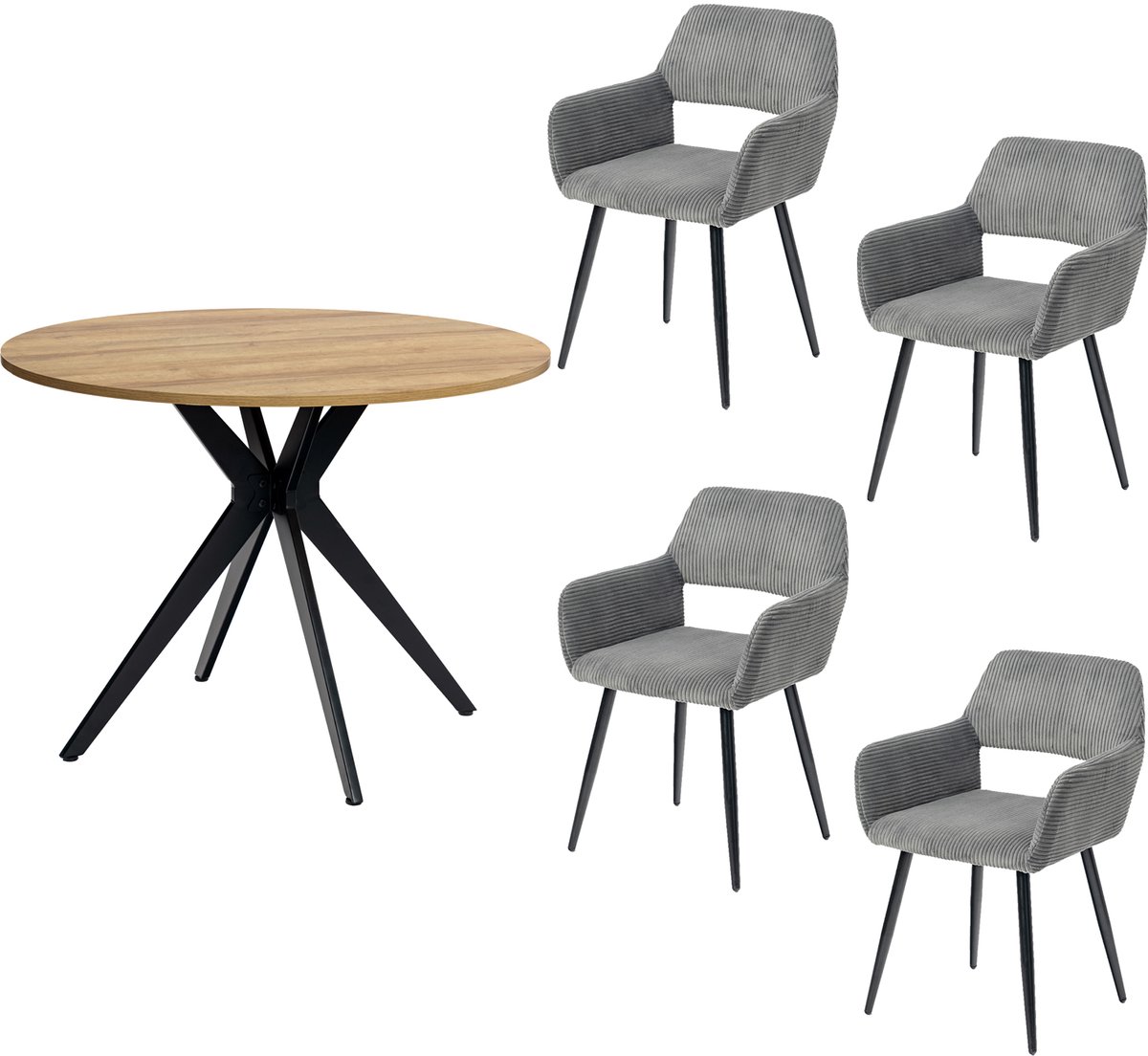 Eethoeken - 5-delig Ronde houten tafel Corduroy fauteuils - Grijs