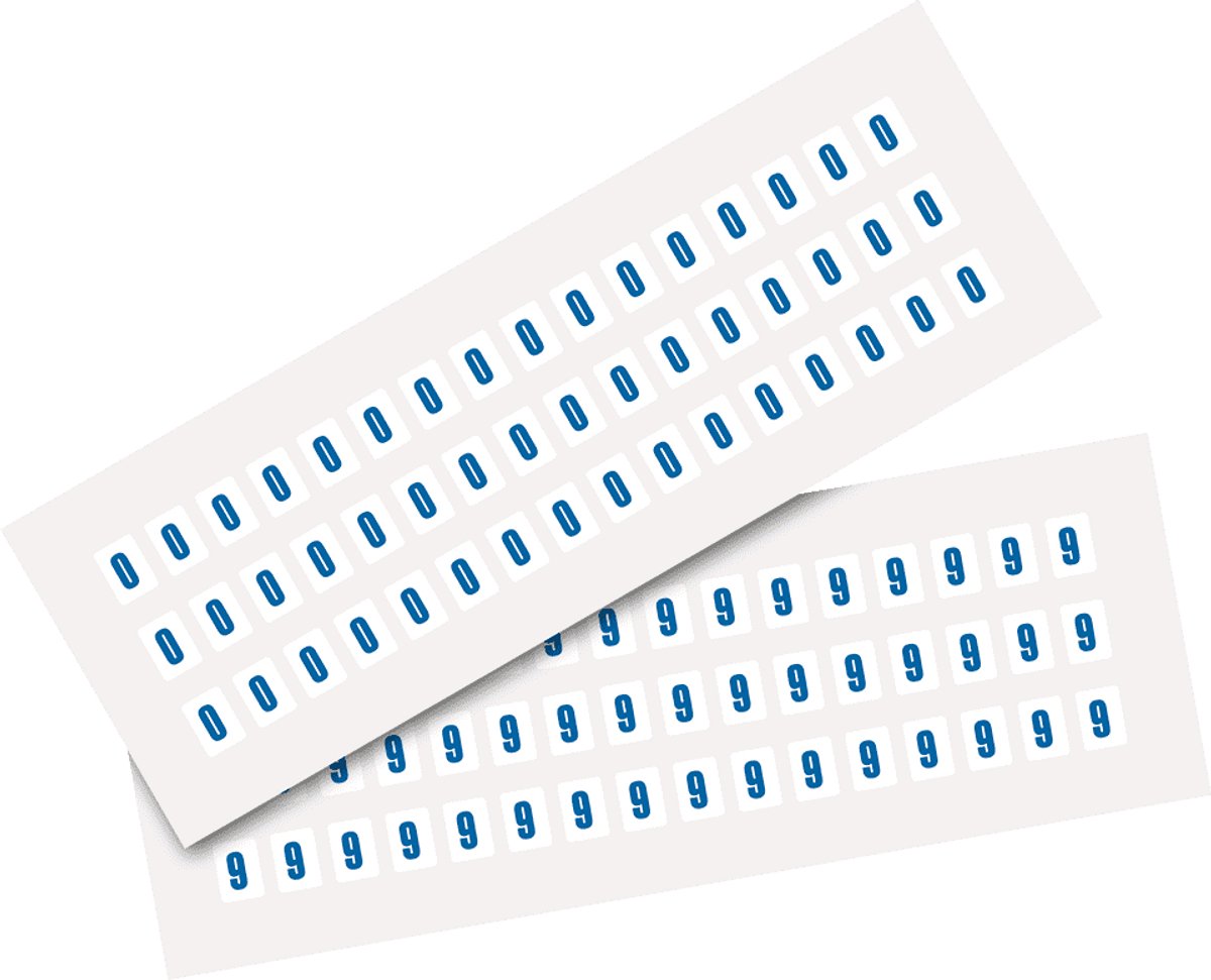 Set cijfer stickers 0-9 - zelfklevende folie - 20 kaarten - blauw wit teksthoogte 8 mm