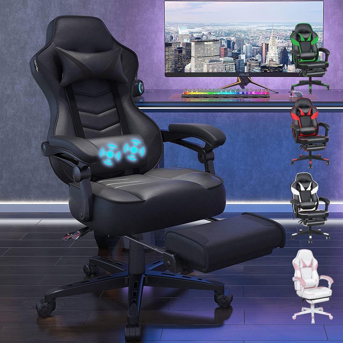Puluomis - Gaming Stoel - 135° Verstelbare Rugleuning - Gaming Stoel met inklapbare Voetsteun - racerstijl - Geïntegreerde Armleuningen - Maximale Belastbaarheid 150kg - Zwart