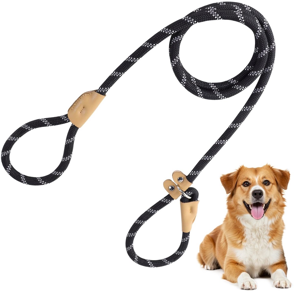 Dailygoods- Slip Lead 1,5 m - 2-in-1 Hondenriem/Halsband - Duurzaam Nylontouw - Versterkte Verbindingen - Antitrekfunctie - Zwart met Witte Stippen