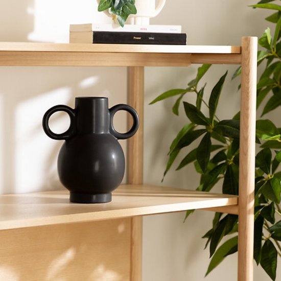 Zwarte vaas met ronde handvatten op een houten plank tussen boeken en planten.