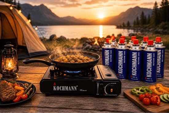 Kochmann Draagbare Gaspit Set incl 8x Butaangas Bus 227g – Camping Kooktoestel met Draagkoffer – Gasbrander Campingkooktoestel 2800W – Outdoor Koken - Kamperen - Caravan - Camper - Tent - Visvakantie - Festival - Survival - Noodpakket & Stroomuitval — afbeelding 4