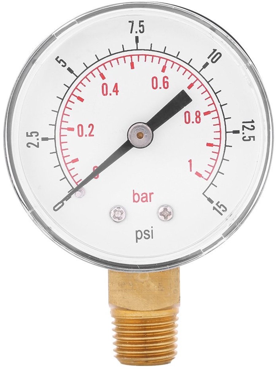Dailygoods- Minimamanometer 0-15 psi - Manometer Waterdruk - Manometer Compressor - Draagbaar - 52mm Wijzerplaat - Messing Aansluiting