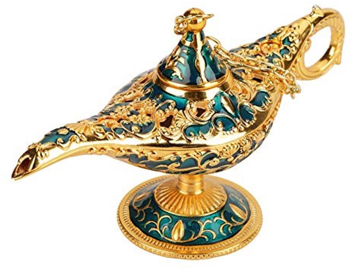 Dailygoods- Decoratieve Lamp - Vintage Genie Tafeldecoratie - 12 x 4,5 x 6,5 cm - Metaal - Retro Woondecoratie - Blauw/Goud Kleur