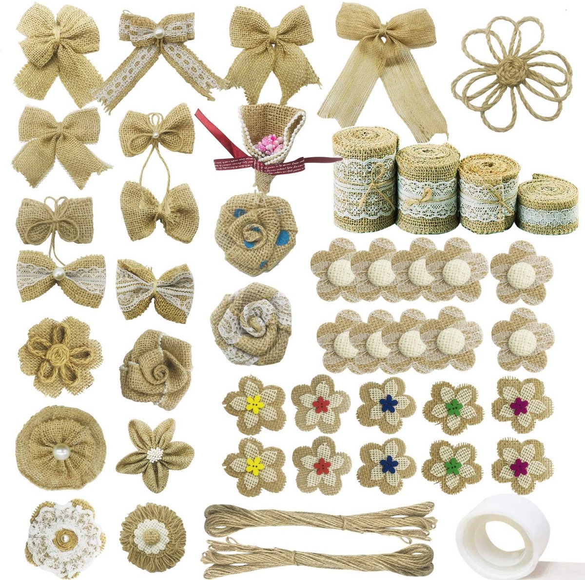 Dailygoods- Juteband Set 47 Stuks - Natuurlijke Jute met Kant - Decoratieband - Bloemen/Handgemaakt - 20 Meter Lengte - 6/5/4/2,5 cm Breedte