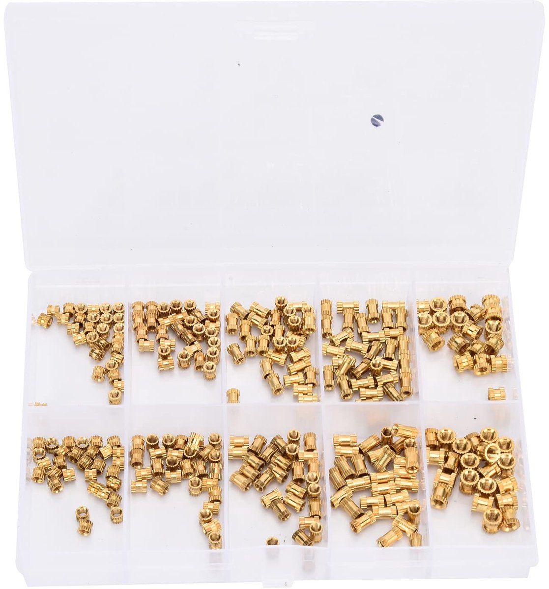 Dailygoods- Kartelmoeren Messing Assortiment - 280 Stuks - M2/M2.5/M3 - Binnendiameter 2/2.5/3 mm - Bevestigingsmiddelen - Voor Spuitgieten - Inzetmoeren