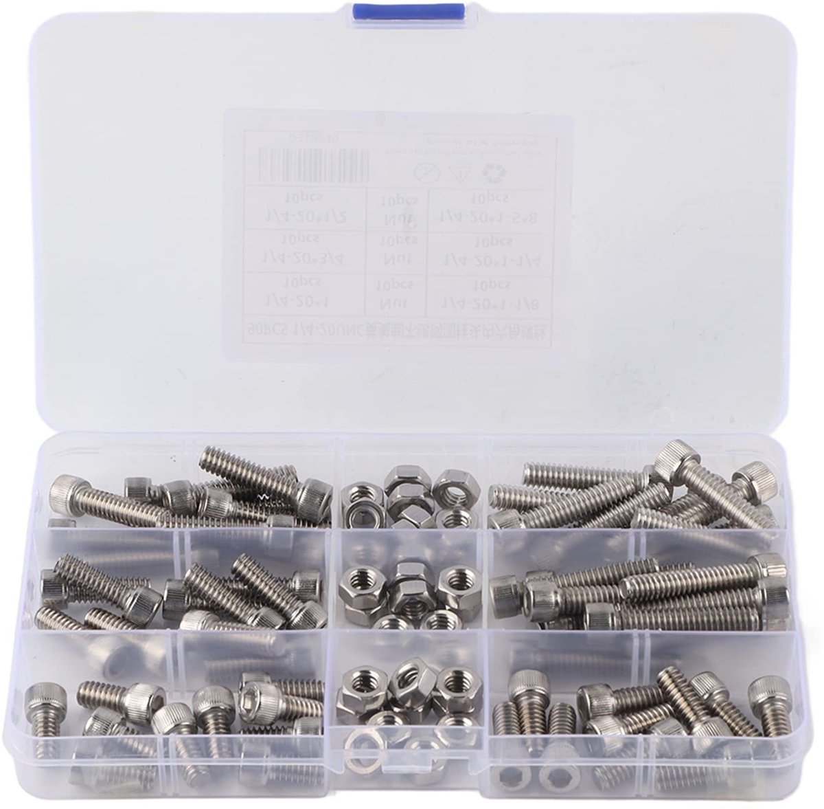 Dailygoods- Inbusschroeven 90-delig - Roestvrij Staal - Zeskantschroeven - Transparante Opbergkoffer - Duurzaam - 6 Maten - Schroeven