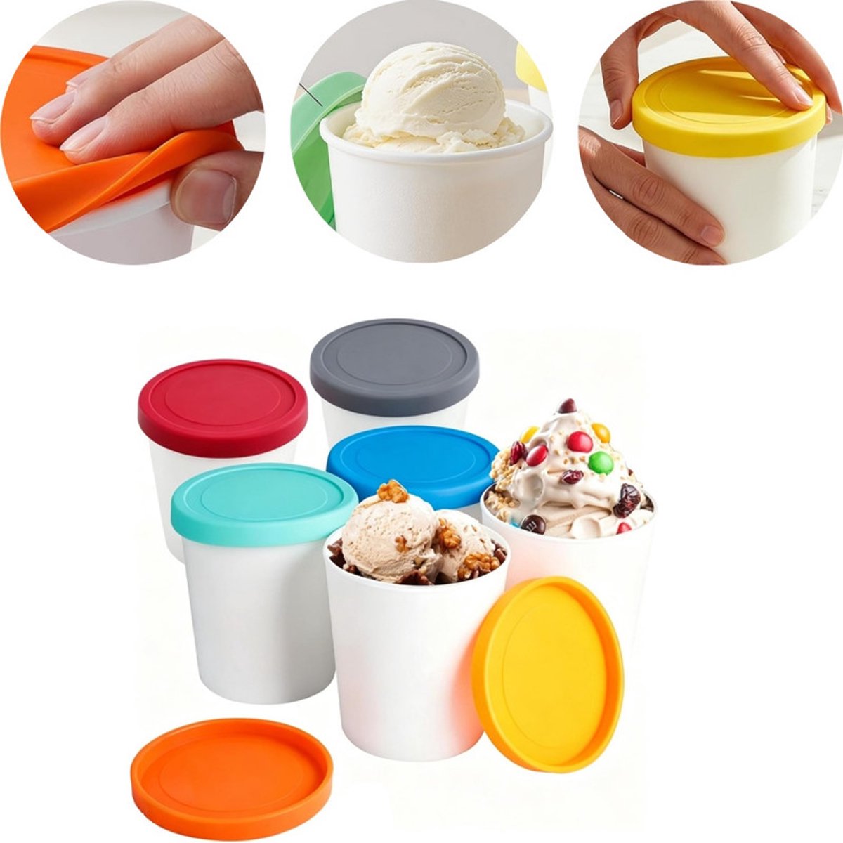 Set van 6 ijsbakjes – Geschikt voor de vriezer – Eenvoudig op te bergen – Ideaal voor zelfgemaakt ijs – Voor het bewaren & maken van ijs – Voedselveilige bakjes – Met deksels – 6,7 x 8 cm
