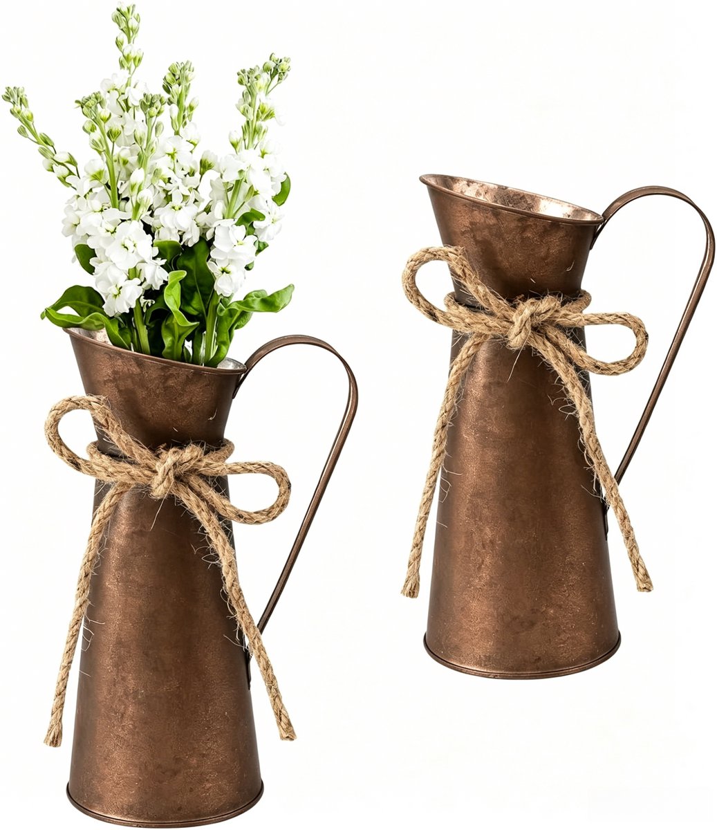 carmdering Vaas - Metalen Vaas - Melkkan Vaas - Donkerbruin, set van 2, 20 cm, gegalvaniseerd ijzer - Vintage landelijke stijl, antiek en verweerd - Met handvat en jute strik - Voor droogbloemen en kunstbloemen - Cadeau voor bruiloft