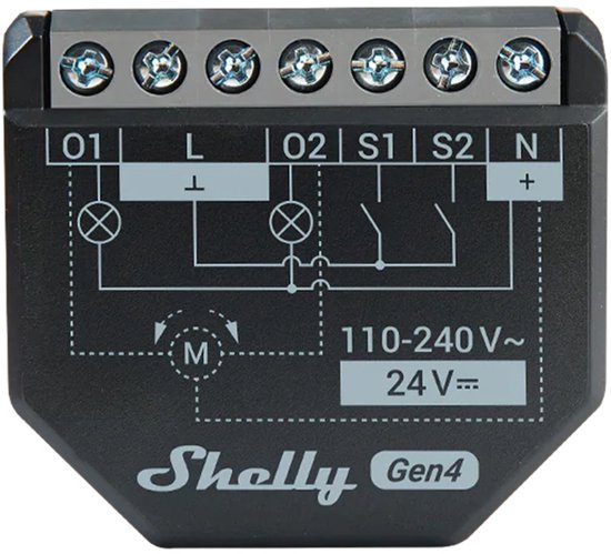 Zwarte Shelly Gen4 smart switch met zes grijze schroefklemmen en bedradingsschema.
