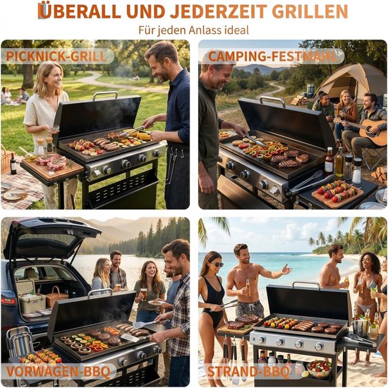 Gasbarbecue met 4 branders en een vermogen van 32.000 BTU - barbecuewagen met een vlakke bakplaat van 3086 cm² - draagbare barbecue die zowel vrijstaand als op tafel kan worden gebruikt - weerbestendige kap - roestvrijstalen branders — afbeelding 3