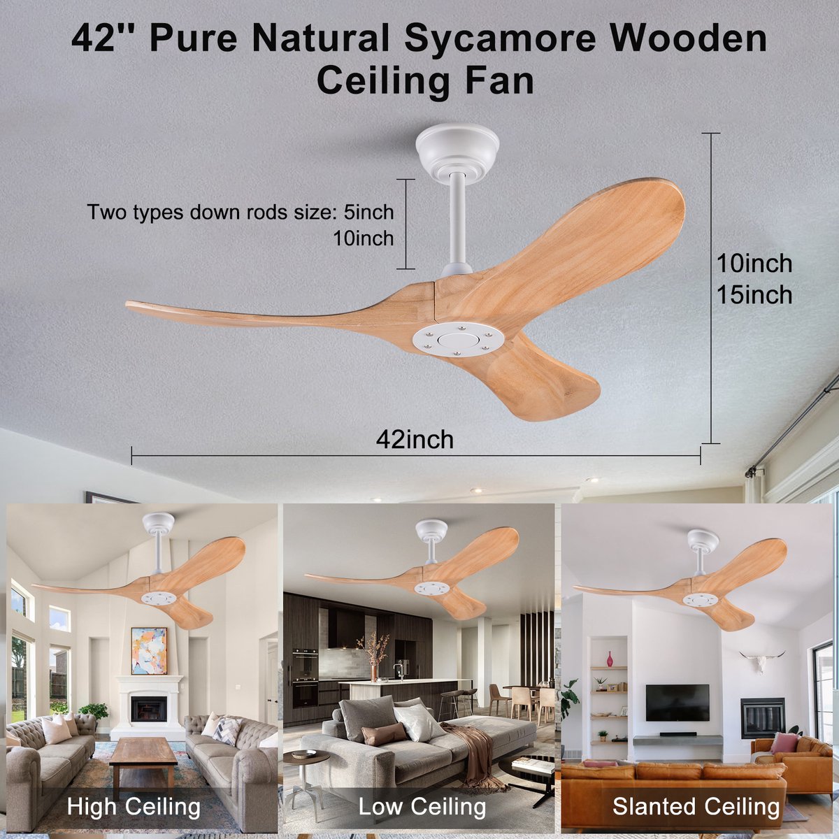 Gutent - Moderne houten plafondventilator - 107cm - Propeller design - 3 houten bladen - Natuur afwerking - Met afstandsbediening - Geheugen