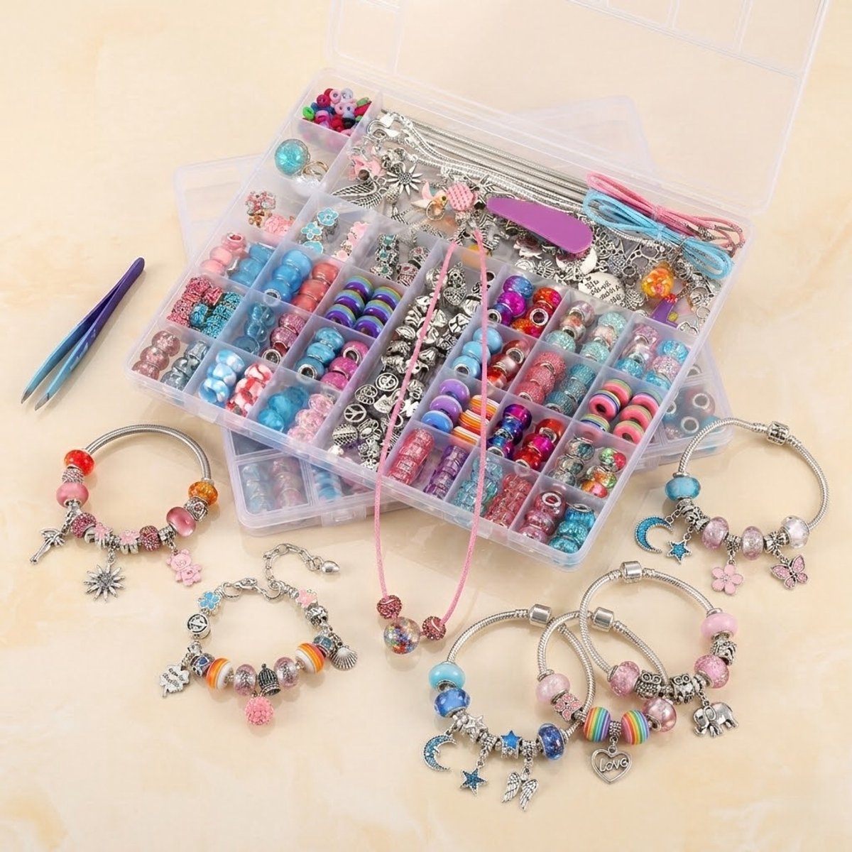 Sieradenset Meisje met sieradendoosje(230+PCS） -DIY sieradendoos -Kettingen armbanden zelf maken - sieraden DIY knutselset voor kinderen - bedelarmbandkit doe-het-zelf kindersieraden, knutselen, kinderspeelgoed(5-10 jaar)-Roze — cadeau in Spellen & Speelgoed - foto 7