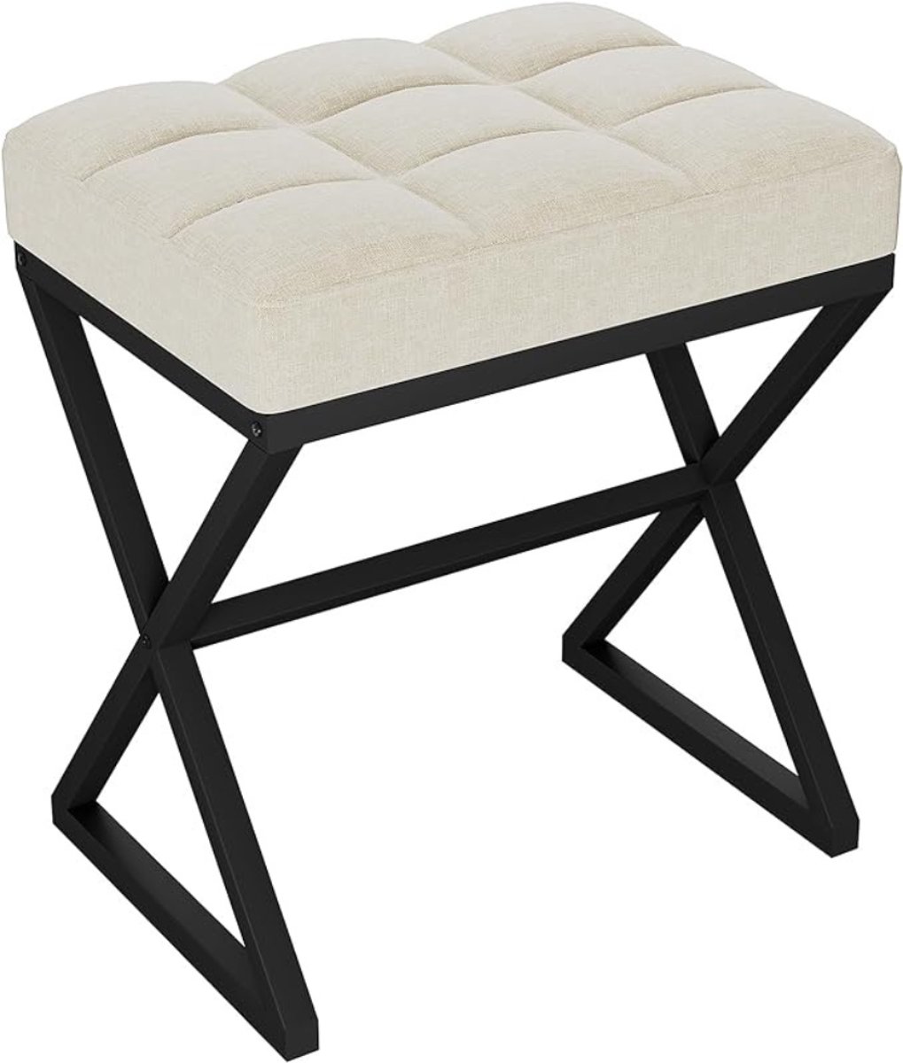 Verte Voetenbankje - Kaptafelkruk - Voetensteun van Linnen - Vierkante Poef met X-vormige Metalen Poten - Make-upkruk voor Kaptafel - Woonkamer - Slaapkamer - Hal - 40×30×46 cm - Beige