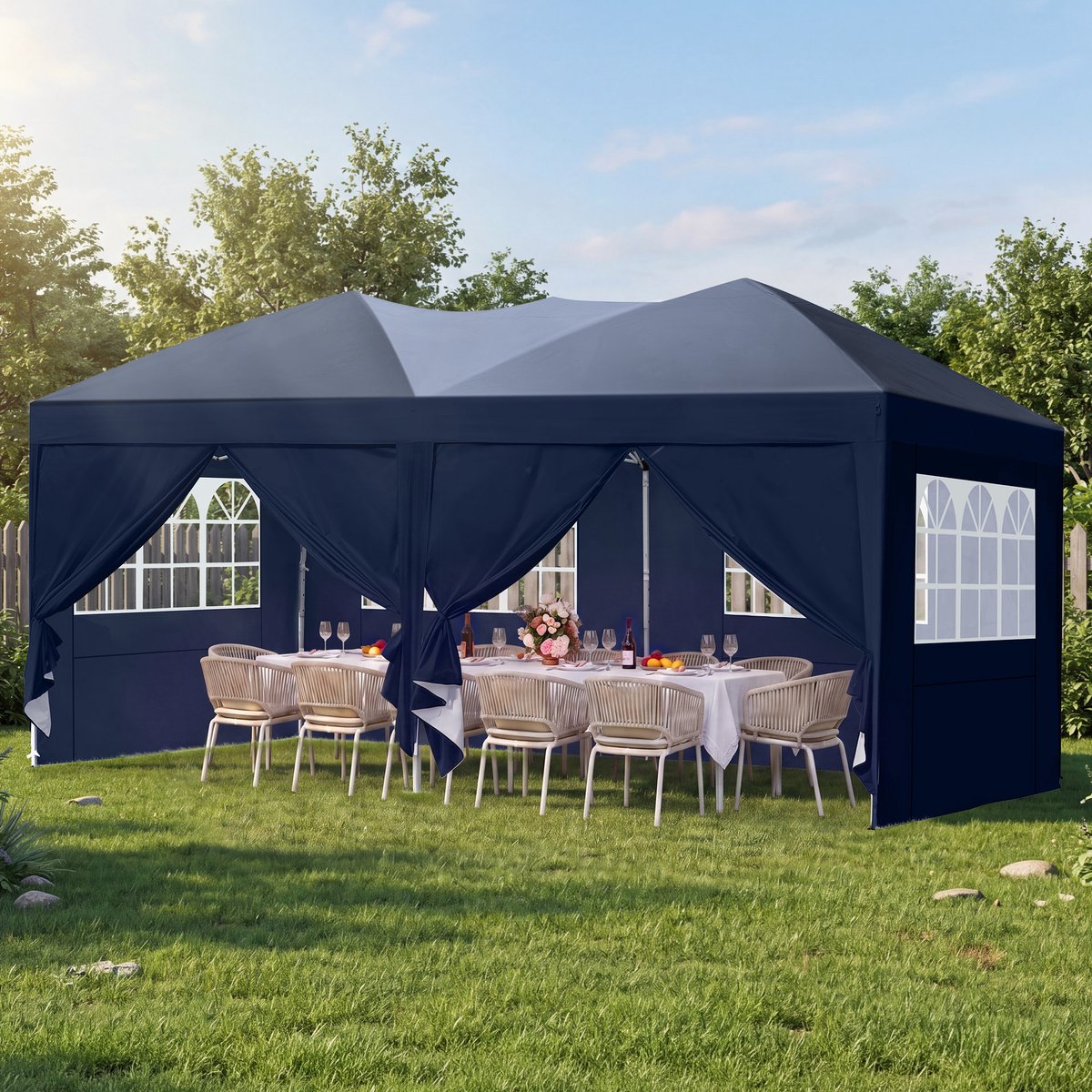 Quictent Vouwbare Partytent 3x6m – met 6 zijwanden, in hoogte verstelbaar – Blauw