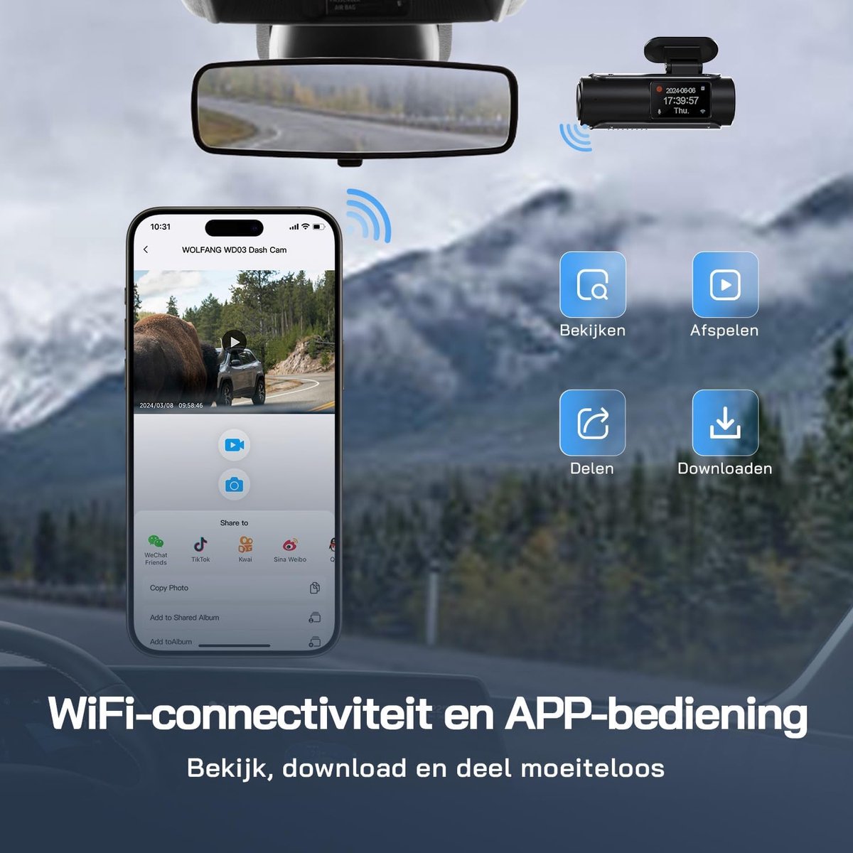Dashcam Auto Voor-Achter 4K WiFi Dashcam - 32GB SD-kaart - Ultra Nachtzicht - 170° Groothoek - WDR - 24-uurs Parkeermodus - G-sensor - Loop Recording – foto 4