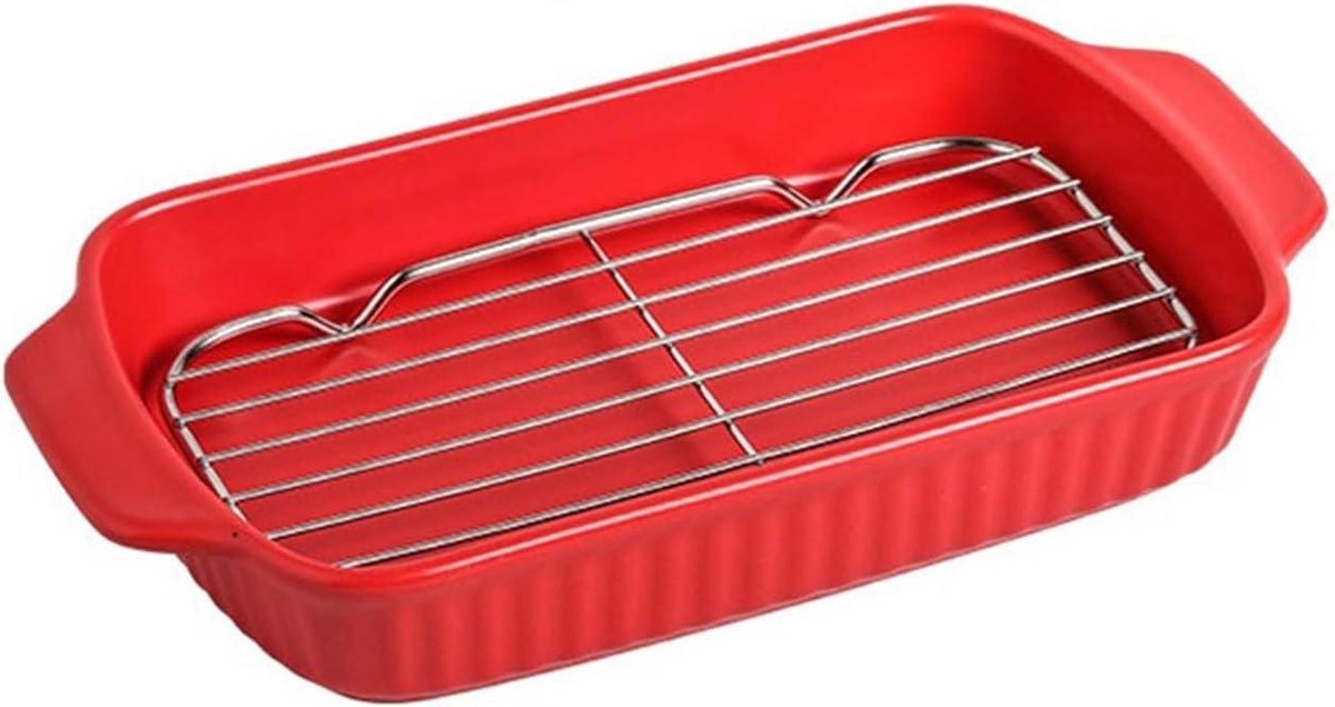 Keramische Bakplaat Ovenschaal Grillpan Tafel Presentatie Met Olie Aftapnet 28.5 cm Lengte Rood