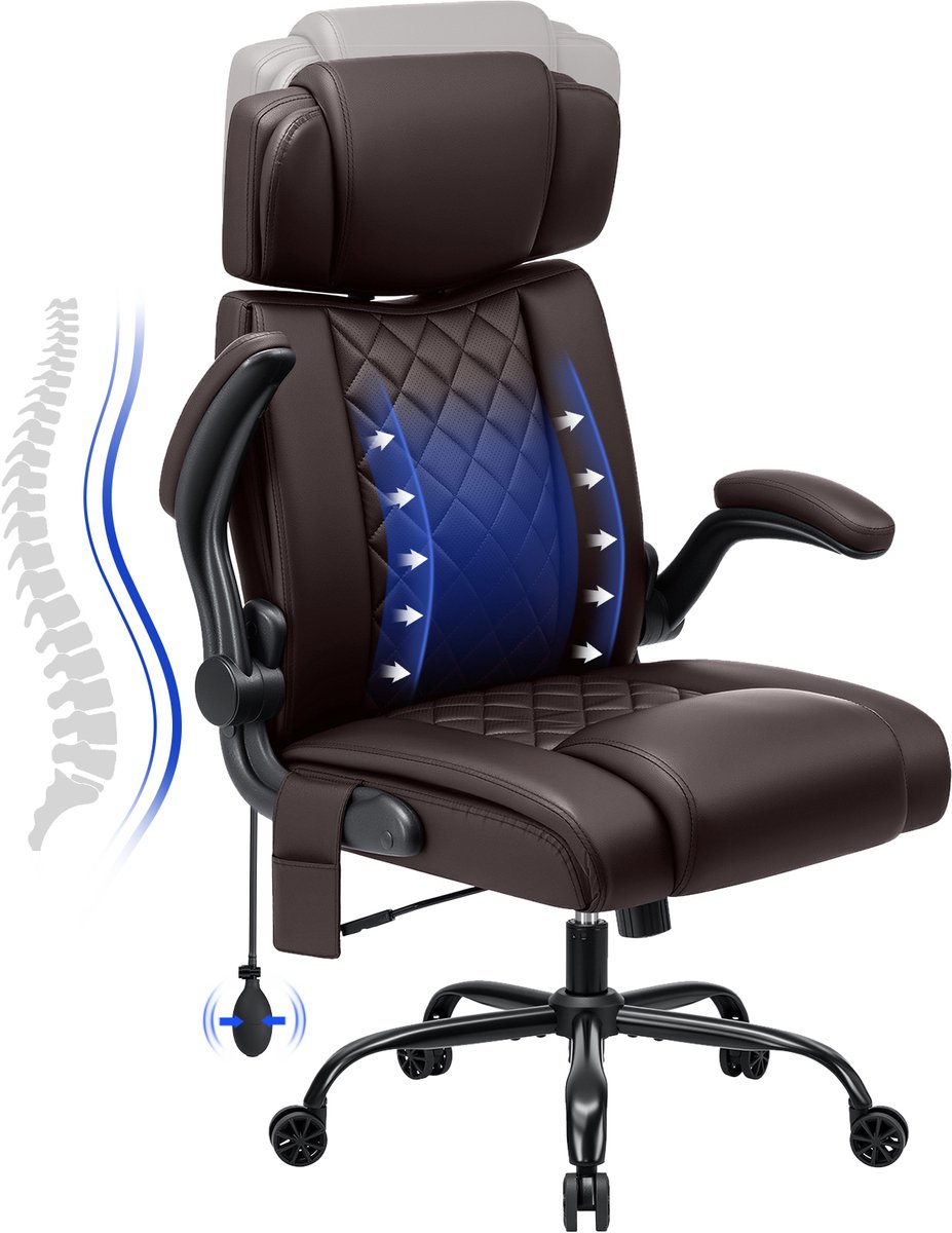 HOFFREE Ergonomische Bureaustoel tot 200 kg – Chefsessel met Hoge Rugleuning, Verstelbare Hoofdsteun, Inklapbare Armleuningen, Kunstleer Computerstoel – Bruin