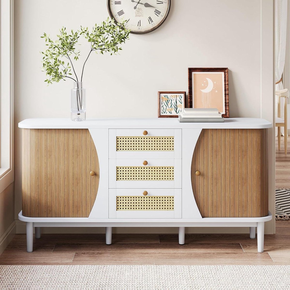 Dressoir met Lades - Kast Opbergkast - Woonkamer Organiseren - Rattan Lades Deuren - 1405x40x76 cm - Wit Houtkleur