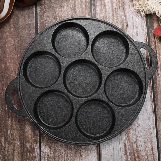 Pannenkoekenpan - gietijzeren bakplaat | platte pannenkoek koekenpannen voor ei, anti-aanbak gereedschap met 7-gaats ontwerp voor het koken van biefstuk crêpe pizza ontbijt frituren bakken grillen — afbeelding 5