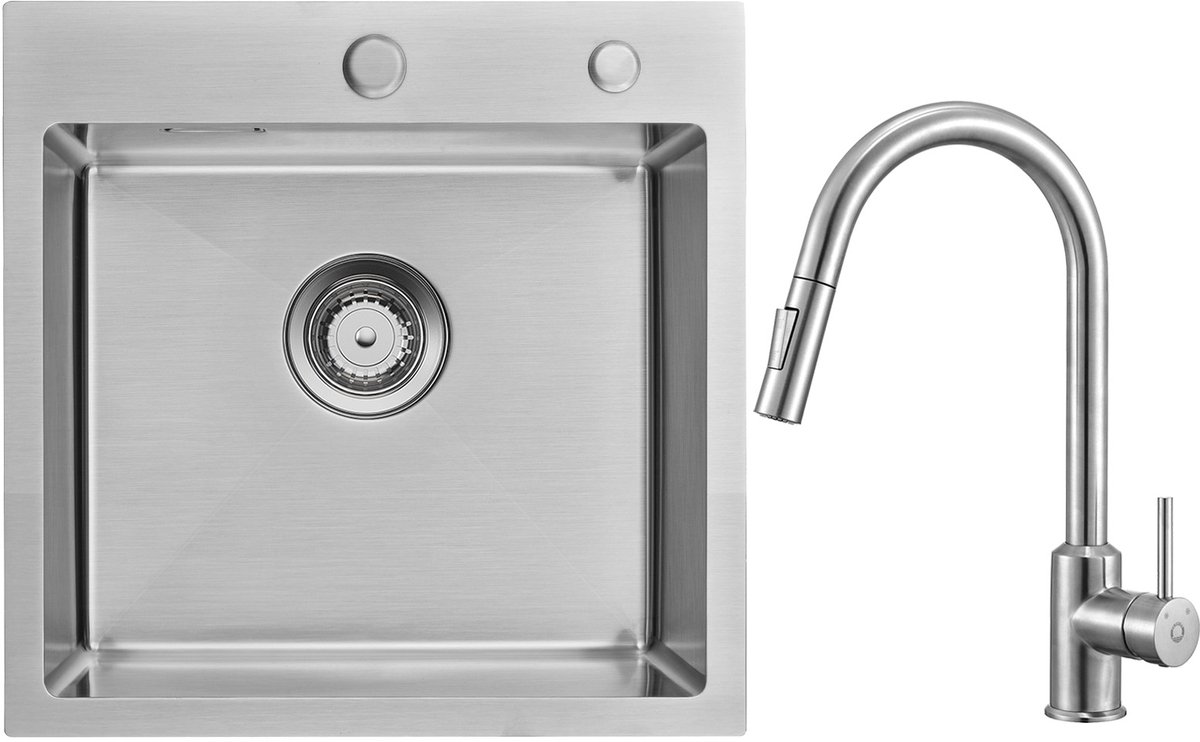 Auralum max Spoelbak RVS 45x45 cm - Spoelbakken Keuken Met Keukenkraan Met Uittrekbare Uit
