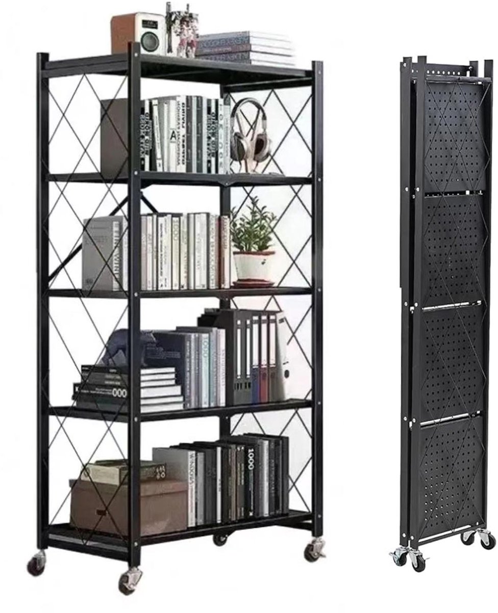 SEVEN COMFORT Inklapbaar rek, 5 etages, Met 360° wielen, 71.5x36.5x163CM, opbergrek, metalen rek met wielen, Maximale draagkracht per verdieping 20 kg, voor keuken, badkamer, woonkamer,Zwart
