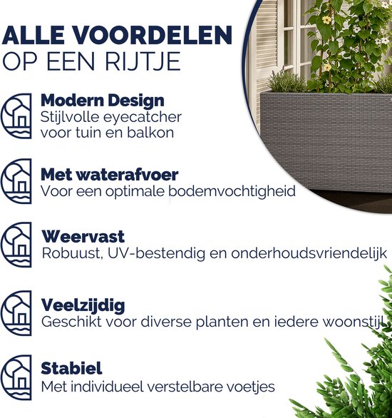 Grijze polyrattan plantenbak van casaria, modern, weerbestendig, met waterafvoer en stabiele pootjes.