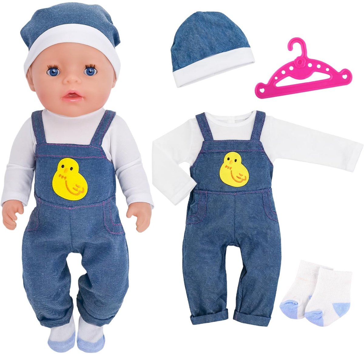Dailygoods- Poppenkleding 35-43 cm - 4-delige Set - Tuinbroek - Muts - Sokken - Kleerhanger met Eendenmotief - Poppenoutfit