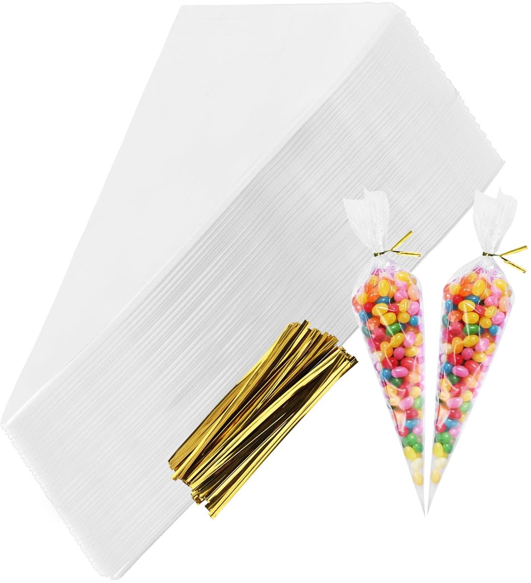 Dailygoods- Snoepzakjes 500 Stuks - Doorzichtige Puntzakjes - Kegelzakjes - Transparante Cellofaansnoepzakken - Driehoekige Plastic Zakken - Voor Halloween/Kerstfeest - Candy Bags