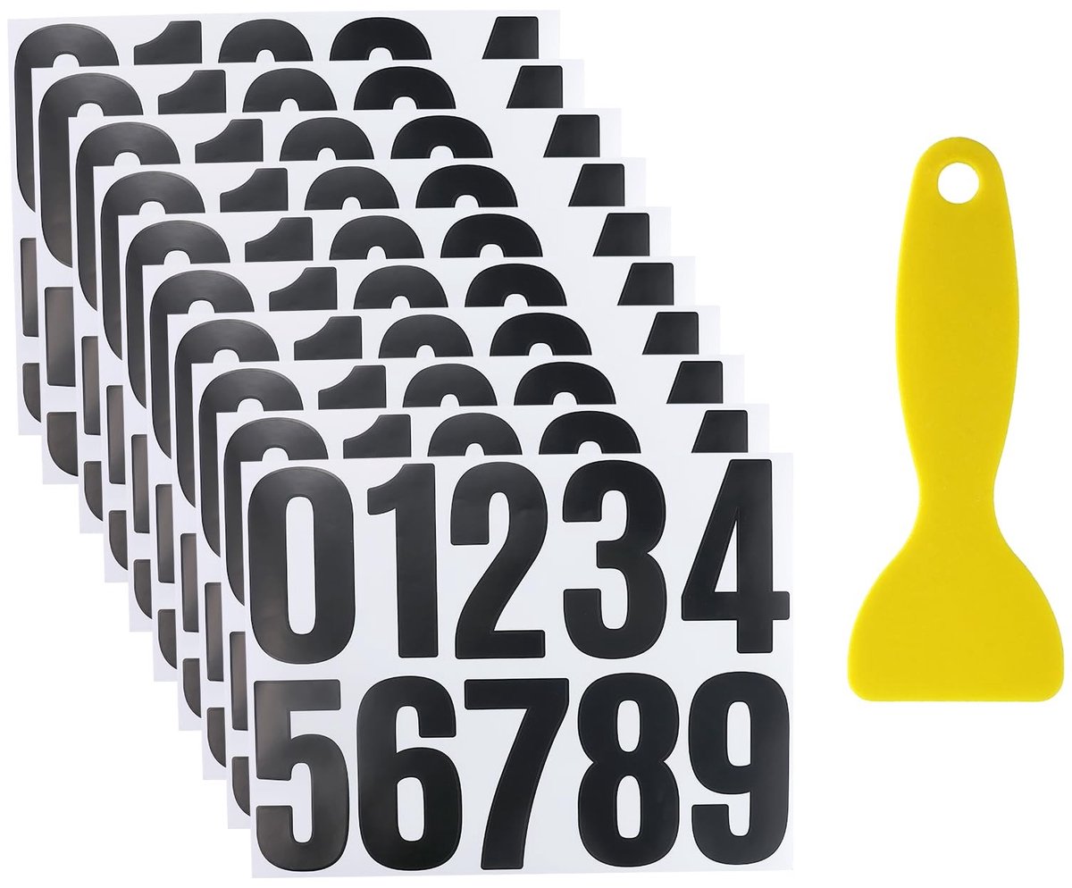 Dailygoods- Nummerstickers 10 Vellen - Zelfklevend - Weerbestendig - Zwart - Cijferstickers - Inclusief Gele Schraper